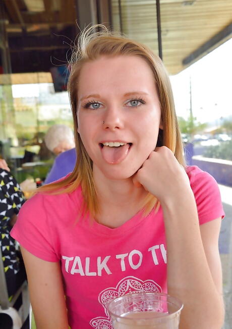 Stunning russian blonde young Catarina Petrov reveals tiny tits and plays with dildo outdoor